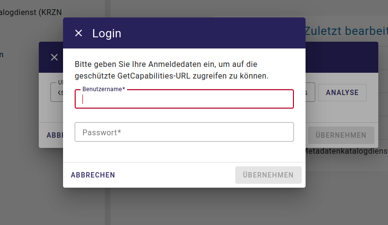 InGrid Editor: "GetCapabilities Anmeldedaten"