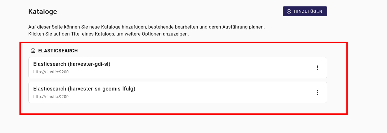 Harvester Benutzeroberfläche hinzugefügte Kataloge
